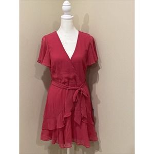 lulus dress medium Pink Vneck Tie Waist Zip Back Ruffle Bottom